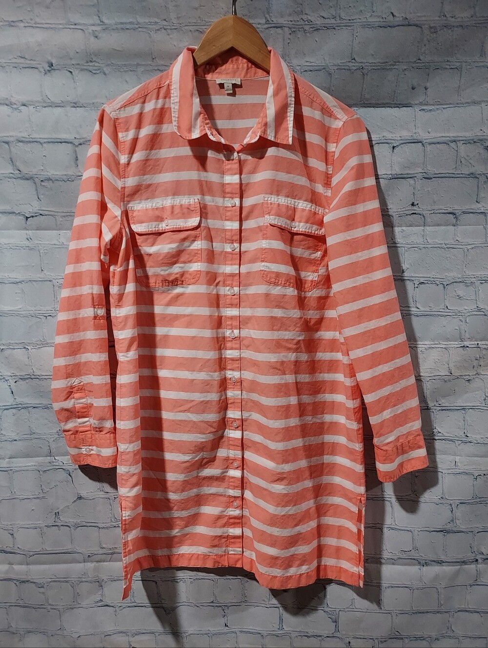 Talbots Shirt Dress Tunic Medium Peach Stripe Button Front Roll Sleeve Coastal